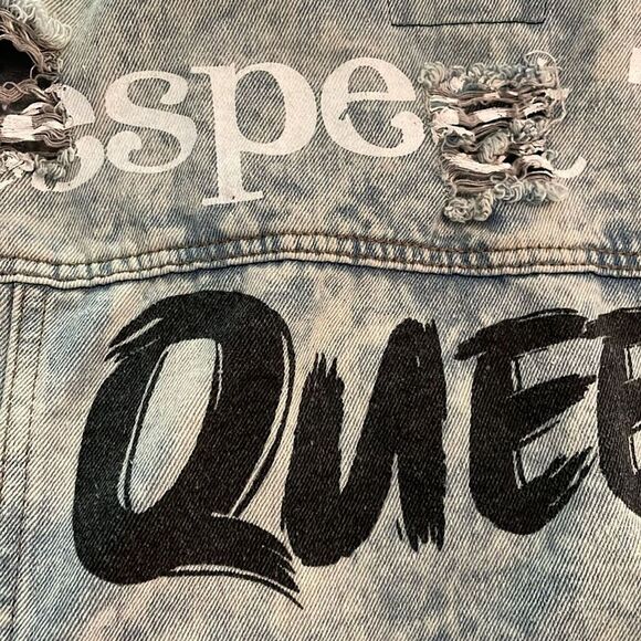 Thrill Acid Wash Long Duster Jean Jacket Womens Medium Graphic Print Distressed - Picture 10 of 12